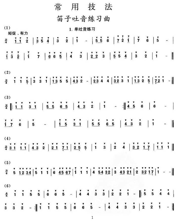 中国乐谱网——【笛箫曲谱】笛子吐音练习曲1